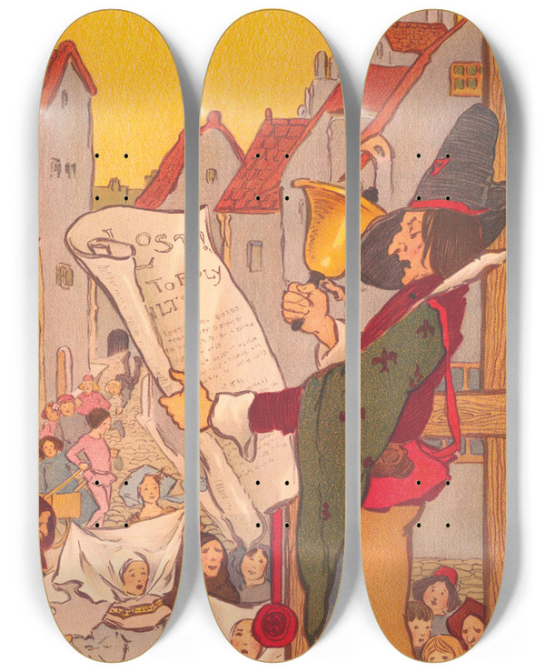 Triptych art skateboard deck of Florence Harrison Part 2 Of The Tale Of Topply Tilts by Florence Harrison (1877-1955)