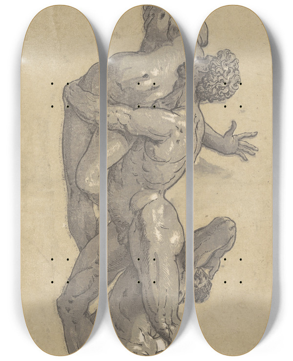 Triptych art skateboard deck of Andrea Andreani The Rape Of Asabine_1 by Andrea Andreani (1540-1623)