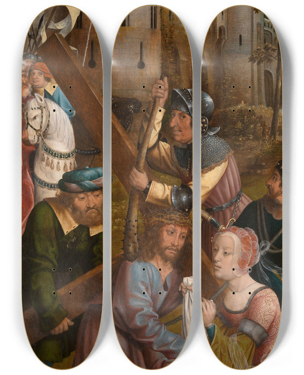 Triptych art skateboard deck of Master Of Frankfurt The Bearing Of The Cross by Master Of Frankfurt (1460-1533)