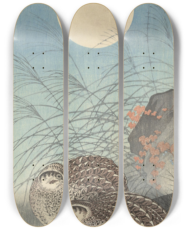 Triptych art skateboard deck of Ohara Koson Two Quail At Full Moon by Ohara Koson (1877-1945)