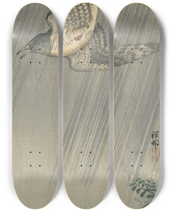 Triptych art skateboard deck of Ohara Koson Cuckoo In Storm by Ohara Koson (1877-1945)