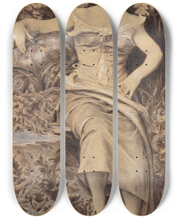 Triptych art skateboard deck of Eugne Buland Etude Pour La Gravure La Terre by Eugene Buland (1852-1927)