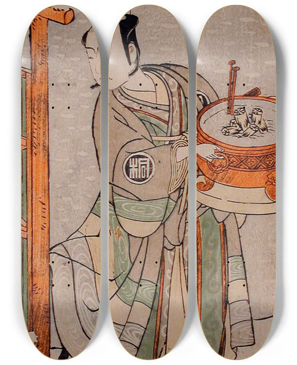 Triptych art skateboard deck of Katsukawa Shunsh The Actor Arashi Sangor Ii As It Kuro Disguised As Banta In The Play Izu Goyomi Shibai No Ganjitsu by Katsukawa Shunsho (1726-1792)