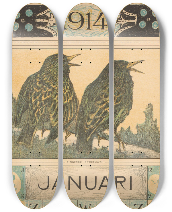 Triptych art skateboard deck of Theo Van Hoytema Kalenderblad Januari Met Spreeuwen by Theo Van Hoytema (1863-1917)