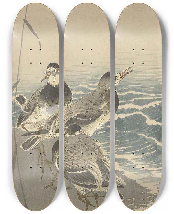 Triptych art skateboard deck of Ohara Koson Sandpipers At Sickle Moon_2 by Ohara Koson (1877-1945)