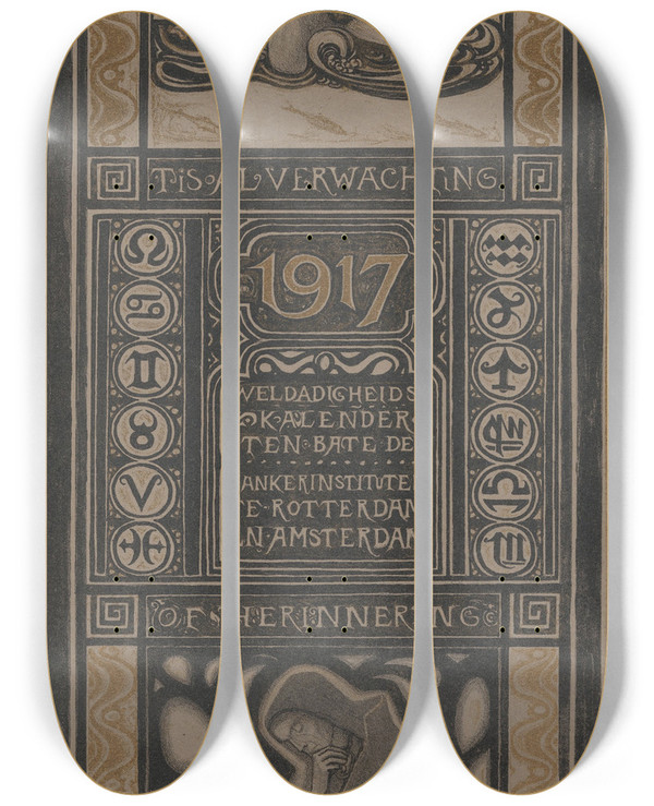 Triptych art skateboard deck of Richard Nicolas Roland Holst Weldadigheidskalender Voor 1917 by Richard Nicolaus Roland Holst (1868-1938)