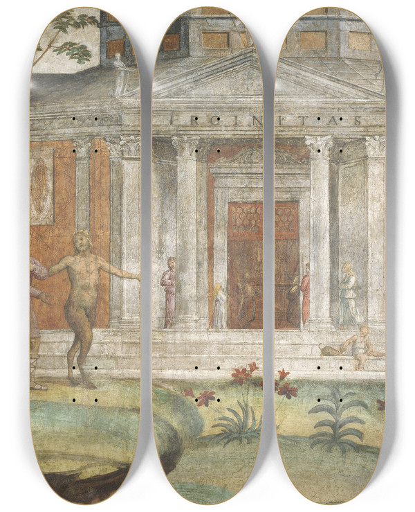 Triptych art skateboard deck of Bernardino Luini Cephalus And Pan At The Temple Of Diana by Bernardino Luini (1480-1532)