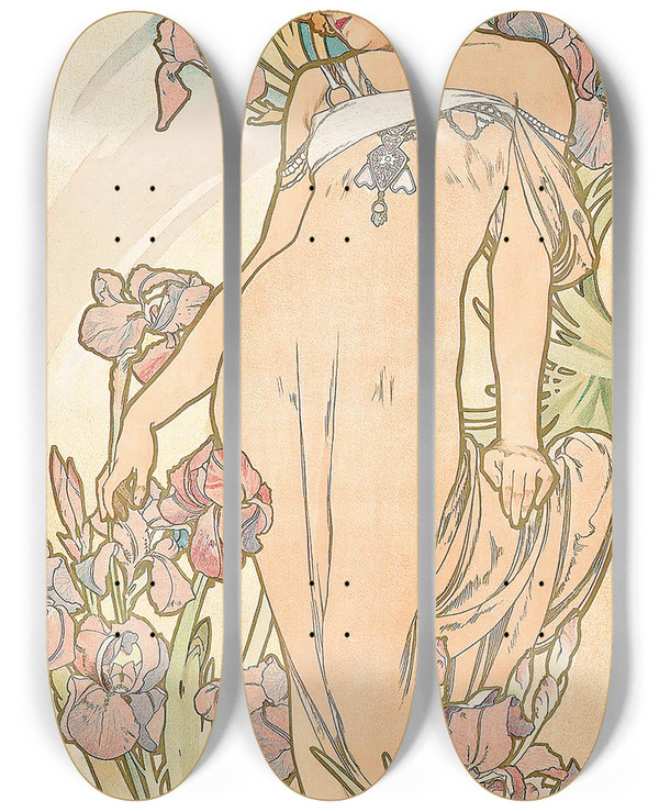 Triptych art skateboard deck of Alphonse Mucha The Iris by Alphonse Mucha (1860-1939)