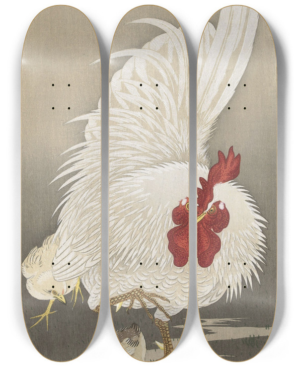 Triptych art skateboard deck of Ohara Koson Rooster And Three Chicks by Ohara Koson (1877-1945)