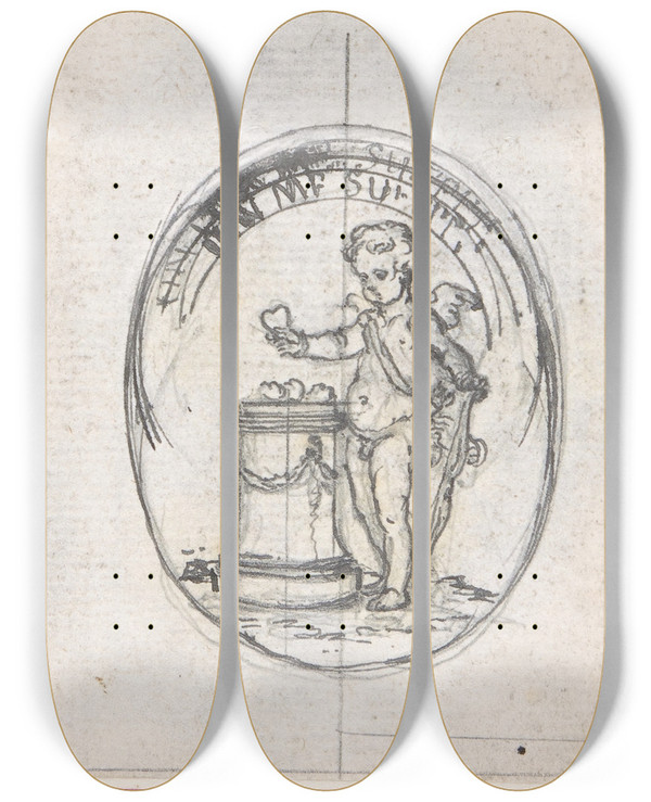 Triptych art skateboard deck of Hubertfranois Gravelot Design For A Boxlid_7 by Hubert-Franois Gravelot (1699-1773)