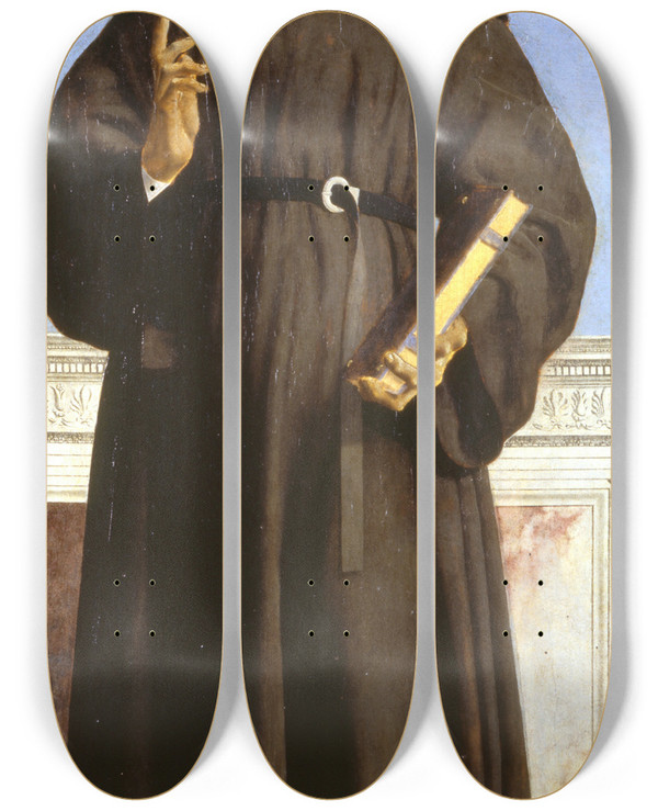 Triptych art skateboard deck of Piero Della Francesca Saint Nicholas Of Tolentino by Piero Della Francesca (1416-1492)