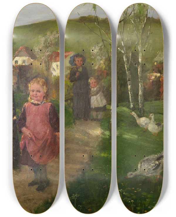 Triptych art skateboard deck of Johann Sperl Frhlingslandschaft by Johann Sperl (1840-1914)