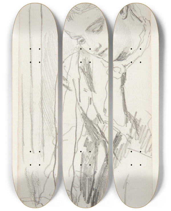 Triptych art skateboard deck of Winslow Homer Figure Of A Woman by Winslow Homer (1836-1910)