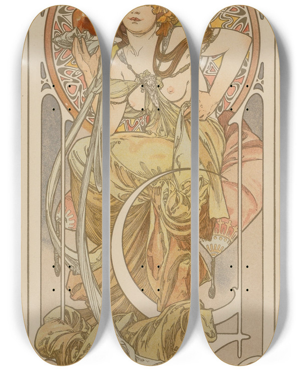 Triptych art skateboard deck of Alphonse Mucha Nectar by Alphonse Mucha (1860-1939)