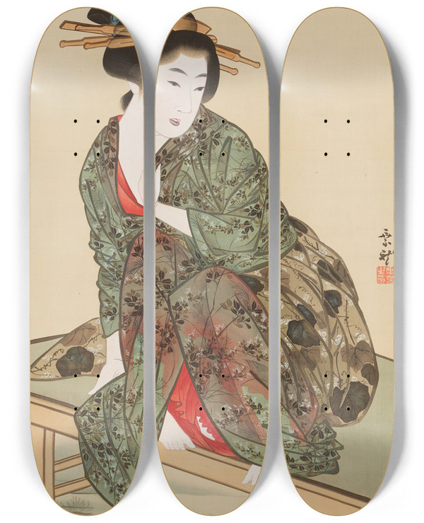 Triptych art skateboard deck of Mihata Jry Woman By A Stream by Mihata Joryu (1830-1843)
