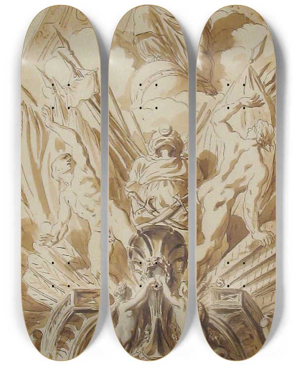 Triptych art skateboard deck of Pierre Lelu Sketches Of Figures And Dolphins by Pierre Lelu (1741-1810)