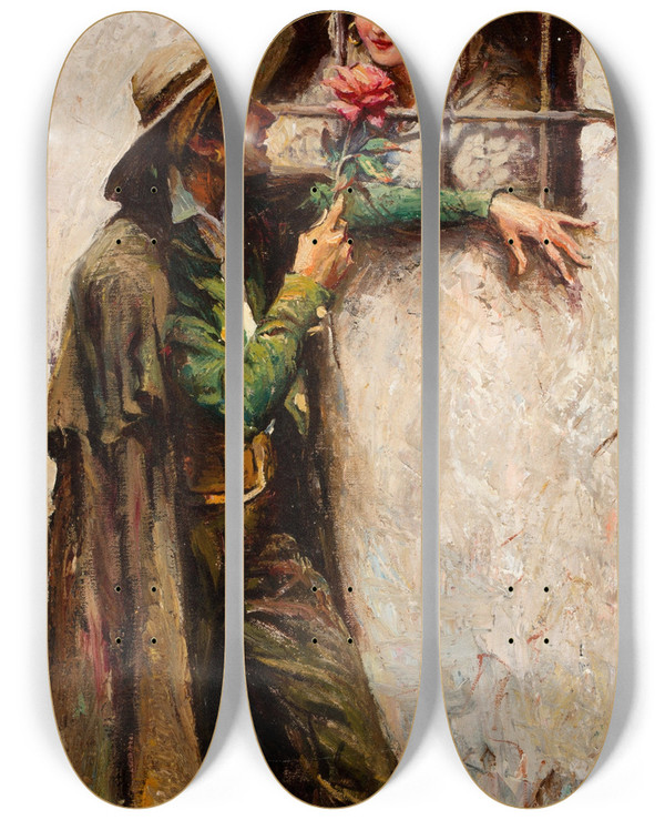 Triptych art skateboard deck of William Henry Dethlef Koerner At The Window_1 by William Henry Dethlef Koerner (1878-1938)