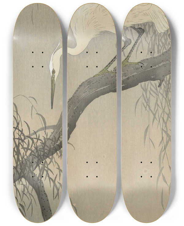 Triptych art skateboard deck of Ohara Koson White Heron On Tree Branch by Ohara Koson (1877-1945)