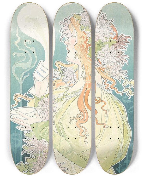 Triptych art skateboard deck of Henri Privatlivemont Cacao Van Houten by Henri Privat-Livemont (1861-1936)