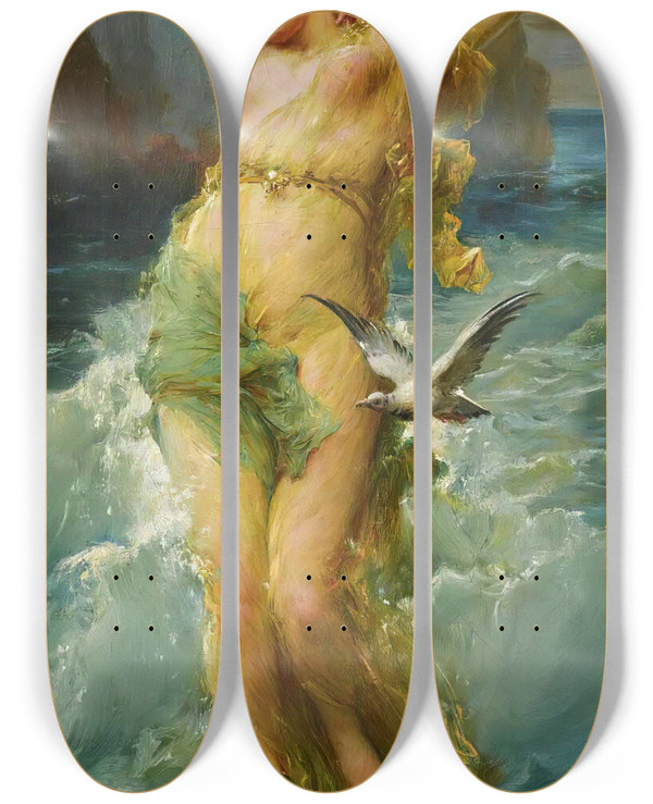 Triptych art skateboard deck of Hans Zatzka Water Nymph by Hans Zatzka (1859-1945)