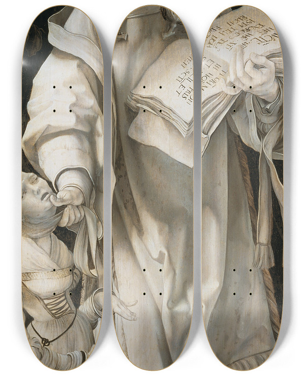 Triptych art skateboard deck of Matthias Grnewald Saint Cyriacus_1 by Matthias Grunewald (1480-1528)