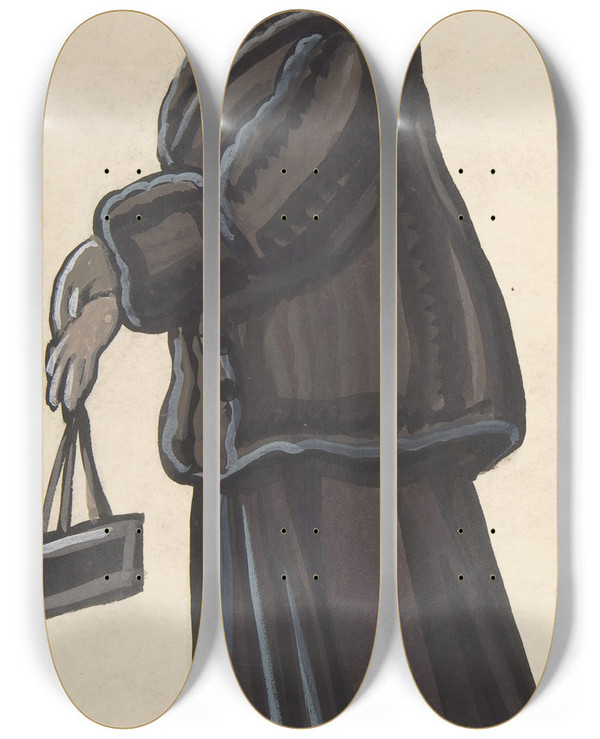 Triptych art skateboard deck of Sergey Yurievich Sudeikin Woman In A Black Fur by Sergey Yurievich Sudeikin (1882-1946)