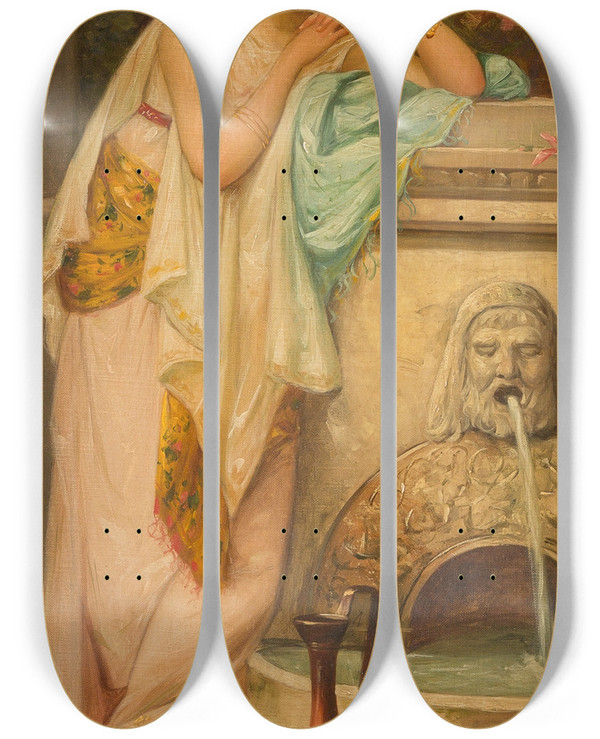 Triptych art skateboard deck of Josef Shs Roman Beauty At A Spring by Josef Suhs (1882-1961)