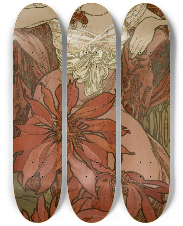 Triptych art skateboard deck of Alphonse Mucha The Ruby by Alphonse Mucha (1860-1939)
