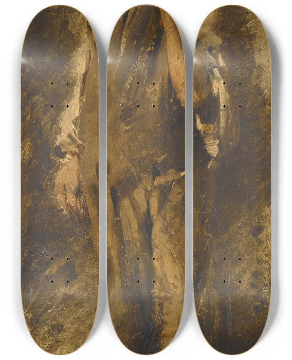 Triptych art skateboard deck of Wilhelm Busch Boy Biting His Nails by Wilhelm Busch (1832-1908)