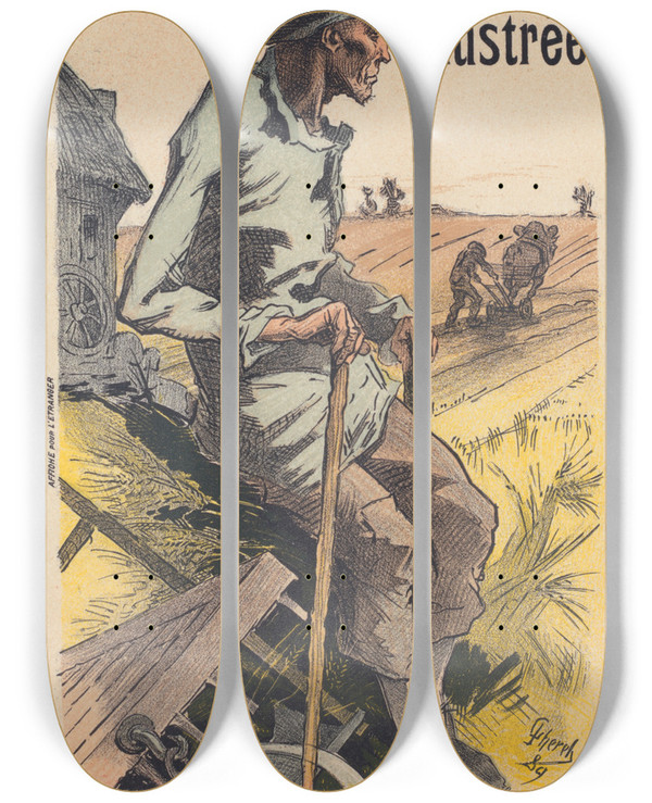 Triptych art skateboard deck of Jules Chret La Terre by Jules Cheret (1836-1932)