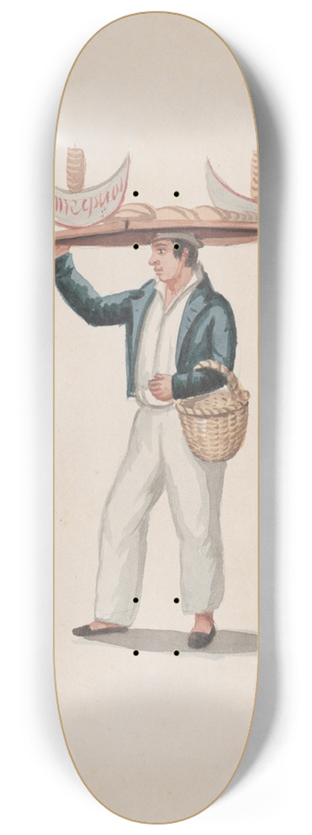 Francisco Fierro - A tortilla vendor balancing a tray on his head 8.25 inch art skate deck