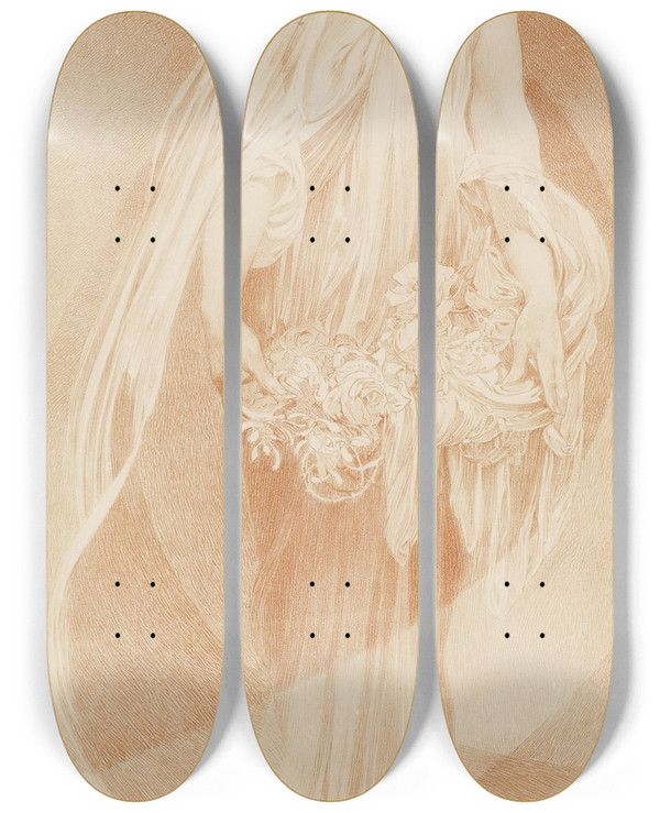 Triptych art skateboard deck of Alphonse Mucha Evocation by Alphonse Mucha (1860-1939)