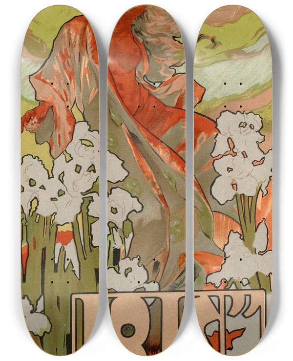 Triptych art skateboard deck of Adolfo Hohenstein Iris_2 by Adolfo Hohenstein (1854-1928)