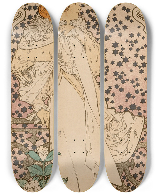 Triptych art skateboard deck of Alphonse Mucha La Dame Aux Camelias From Les Matres De Laffiche by Alphonse Mucha (1860-1939)