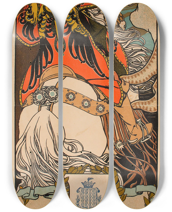 Triptych art skateboard deck of Jos Mongrell Fiestas De Santa Tecla En Tarragona 1910 by Jose Mongrell (1870-1937)