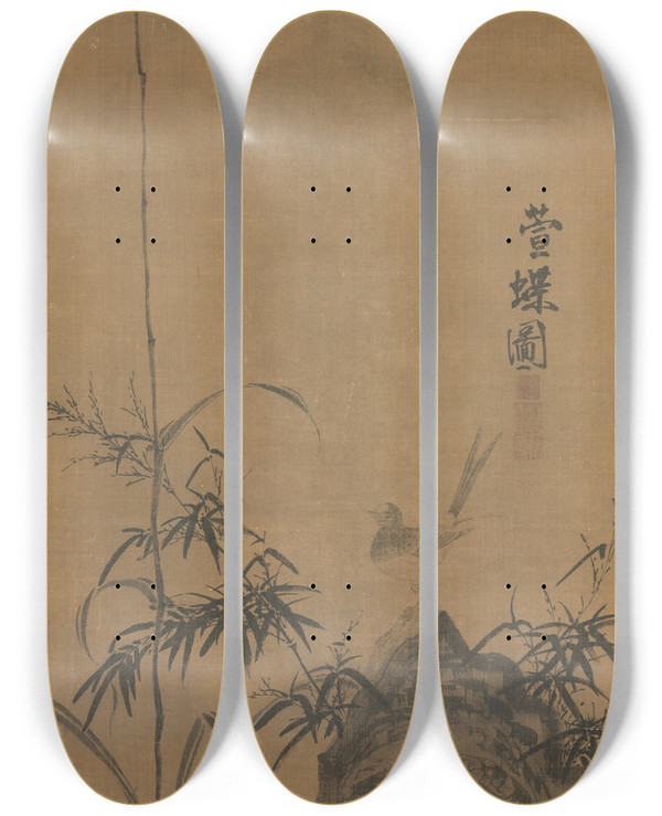 Triptych art skateboard deck of Liu Shanshou Lily And Butterflies by Liu Shanshou (1300)