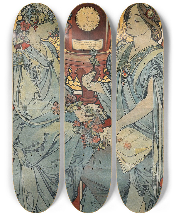 Triptych art skateboard deck of Alphonse Mucha Bndictine by Alphonse Mucha (1860-1939)
