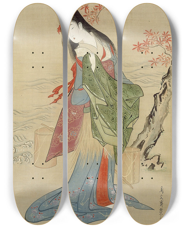 Triptych art skateboard deck of Chbunsai Eishi The Salt Maidens Matsukaze With Yukihiras Coat by Chobunsai Eishi (1756-1829)