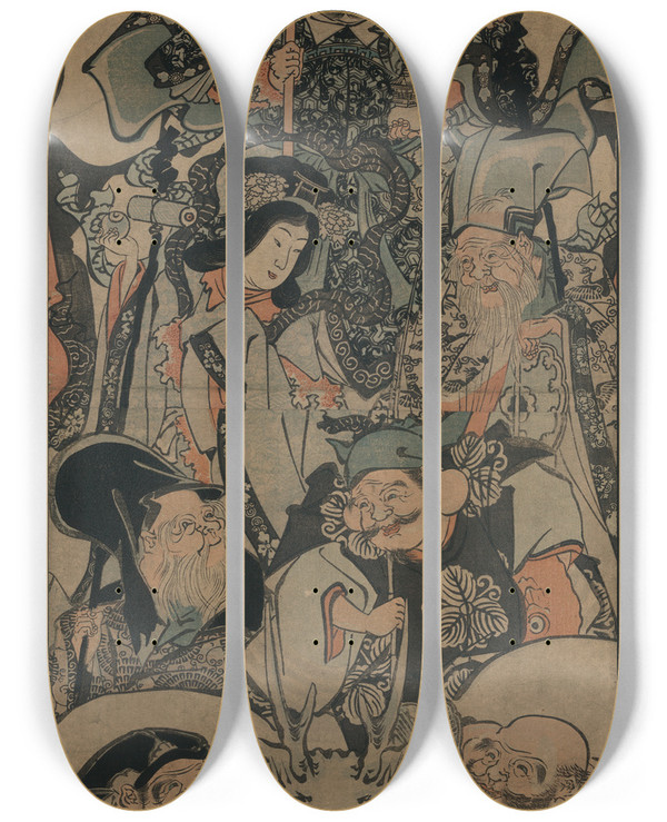 Triptych art skateboard deck of Utagawa Kuniyoshi Shichifukujin Takarabune by Utagawa Kuniyoshi (1797-1861)