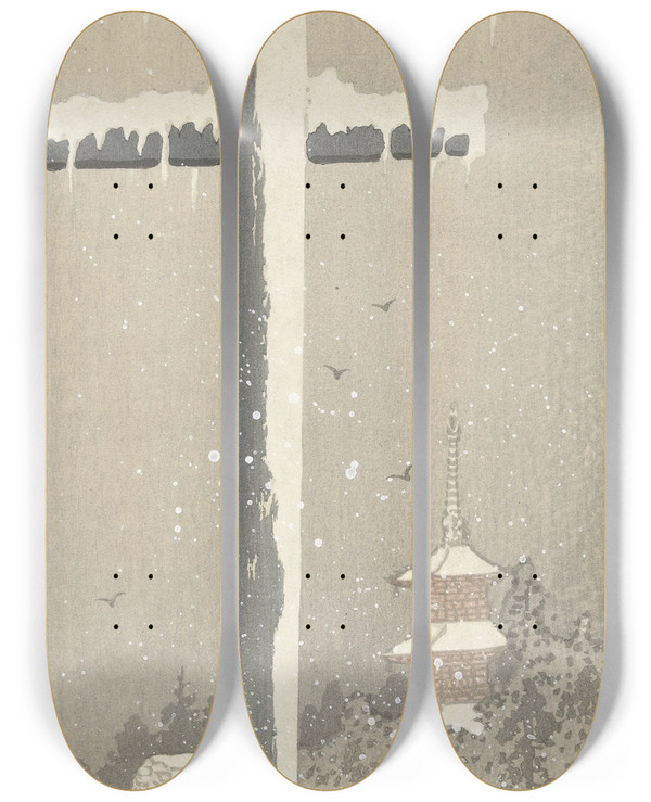 Triptych art skateboard deck of Ohara Koson Torii In The Snow by Ohara Koson (1877-1945)