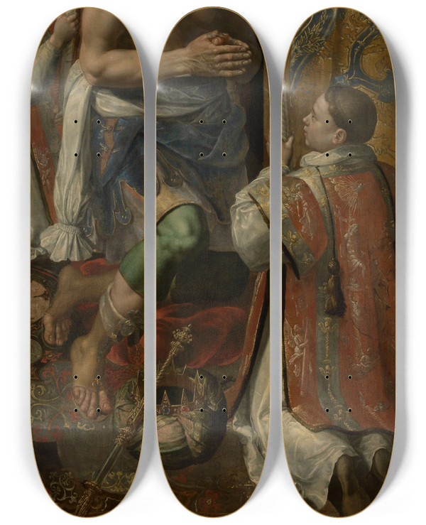 Triptych art skateboard deck of Maerten De Vos Baptism Of The King Of Silene by Maerten De Vos (1532-1603)
