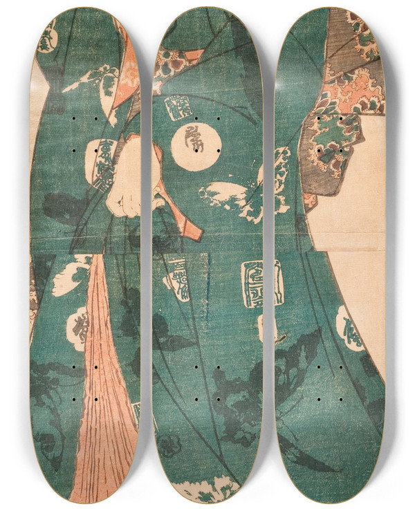 Triptych art skateboard deck of Utagawa Kunisada Toyokuni Iii Standing Beauty With Butterfly Pattern Kimono by Utagawa Kunisada (Toyokuni III) (1786-1865)