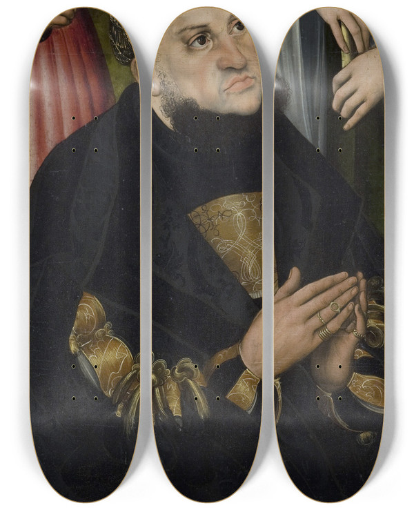 Triptych art skateboard deck of Lucas Cranach The Elder The Elector Frederic The Wise Of Saxony 14631525 With The Saints Ursula Left And Genevieve Right by Lucas Cranach The Elder (1472-1553)