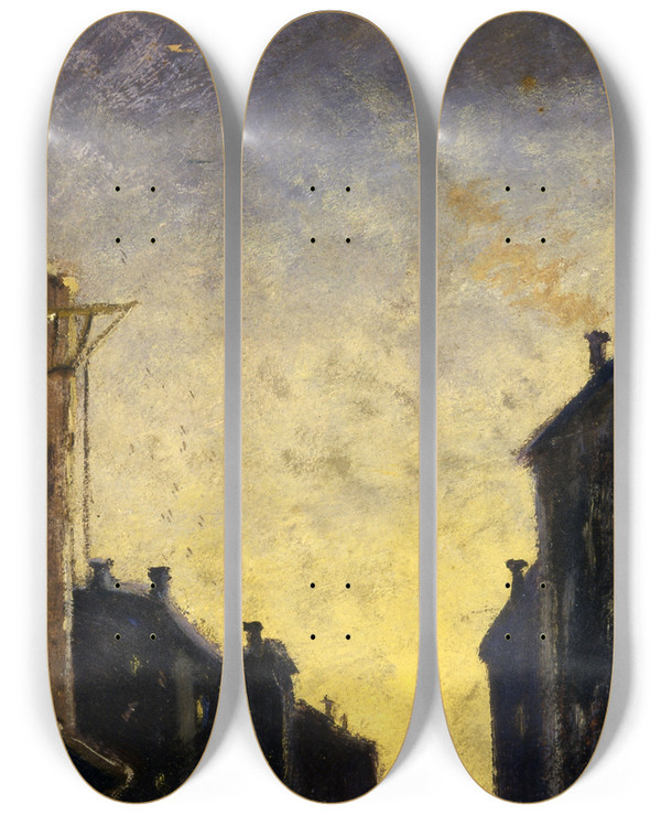 Triptych art skateboard deck of Louis Michel Eilshemius Fiftyseventh Street by Louis Michel Eilshemius (1864-1941)