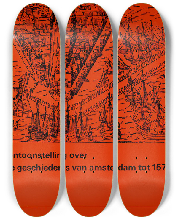 Triptych art skateboard deck of Jolijn Van De Wouw Affiche Voor Tentoonstelling Amsterdam Die Kleine Stad by Jolijn van de Wouw (1942-2001)