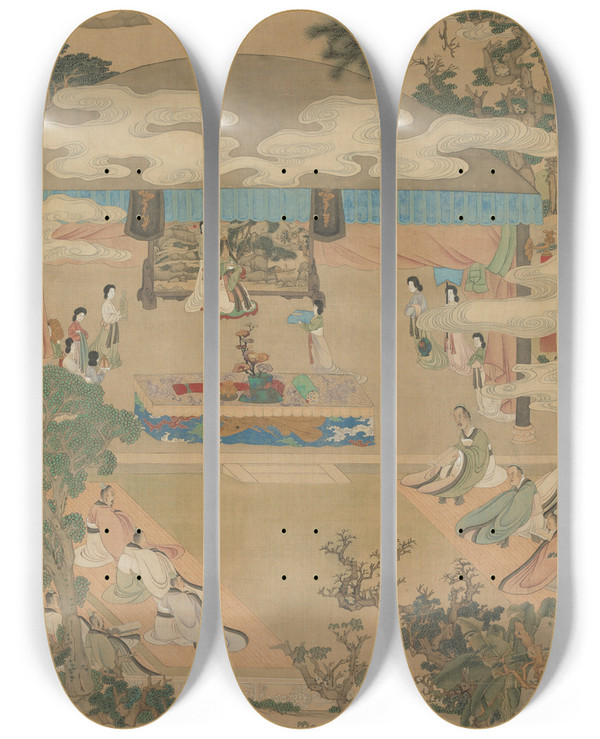 Triptych art skateboard deck of Chen Hongshou Lady Xuanwen Giving Instruction On The Rites Of Zhou by Chen Hongshou (1598-1652)