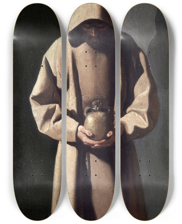 Triptych art skateboard deck of Francisco De Zurbarn St Francis Contemplating A Skull by Francisco de Zurbarn (1598-1664)