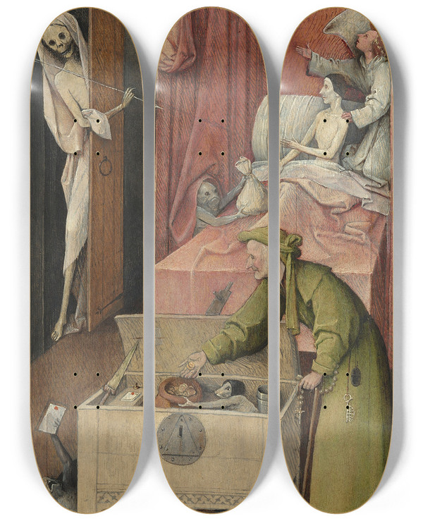 Triptych art skateboard deck of Hieronymus Bosch Death And The Miser by Hieronymus Bosch (1450-1516)