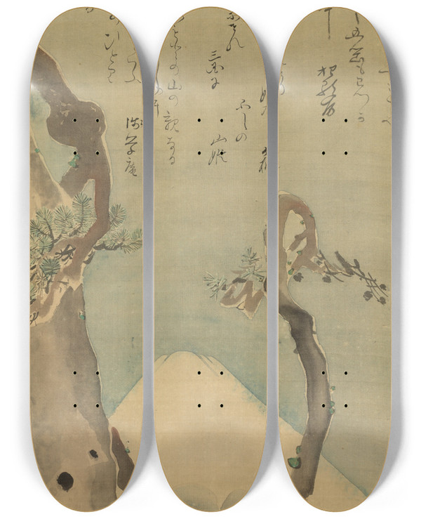 Triptych art skateboard deck of Kubo Shunman Mt Fuji Through Pines by Kubo Shunman (1757-1820)