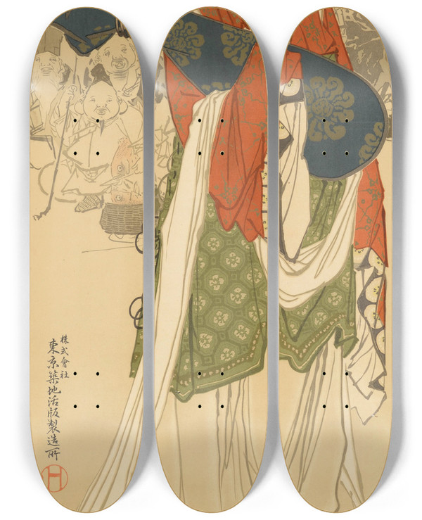 Triptych art skateboard deck of Hirano Tomiji Kabushiki Kaisha Tky Tsukiji Kappan Seizsho The Tokyo Tsukiji Type Foundry Ltd Seven Gods Of Good Fortune by Hirano Tomiji (1846-1892)
